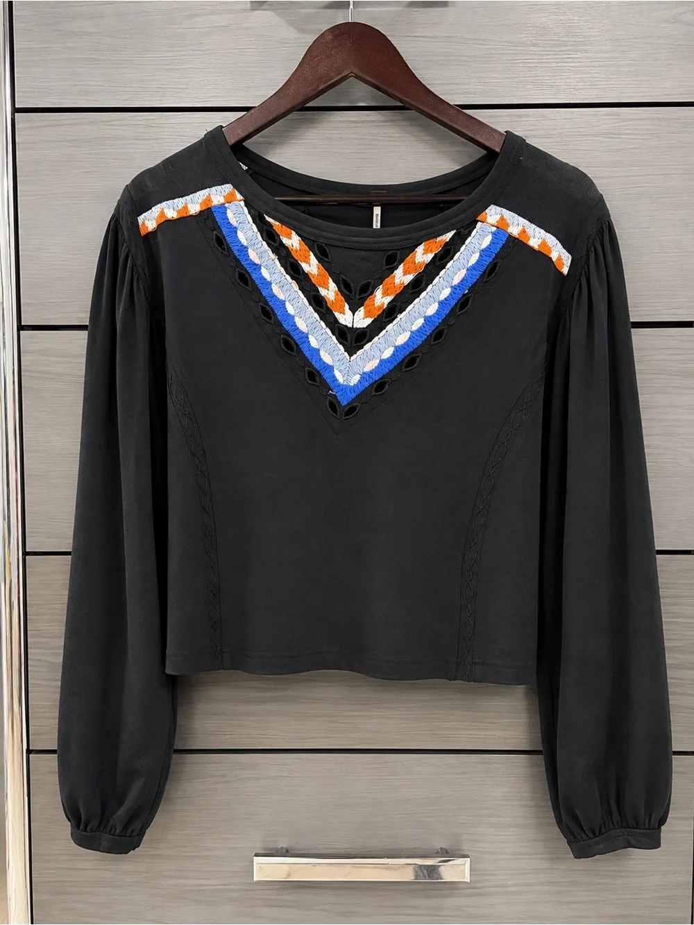 Free People Black Embroidered Long-Sleeve Top